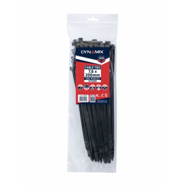 Dynamix 7.6 x 200mm UV Black Cable Ties Pack of 100 540N/55.1kgs Tensile Strength (DY2008B) thumbnail 2