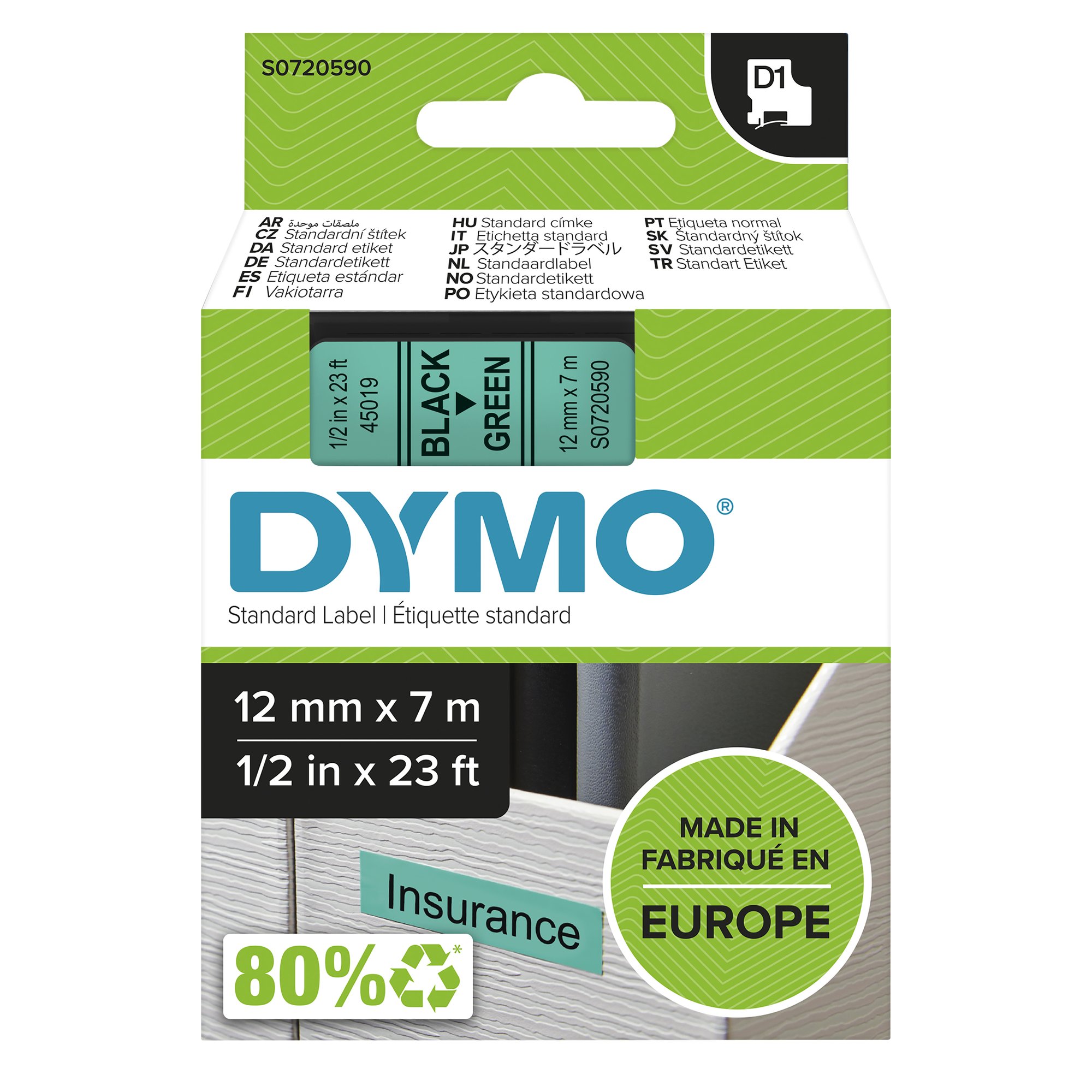 DYMO Genuine D1 Label Cassette Tape 12mm x 7M, Black on Green Dymo — view 2