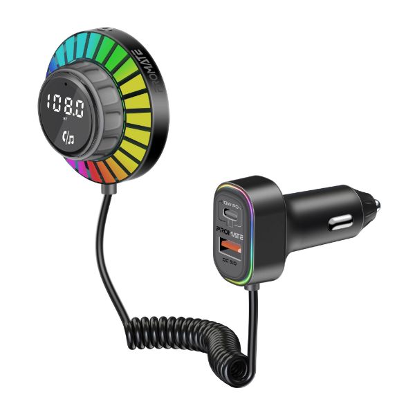 RGB FM Transmitter W/ Handsfree & 30W PD & QC3.0 Includes 1.5m Extenstion Cord Promate — view 2