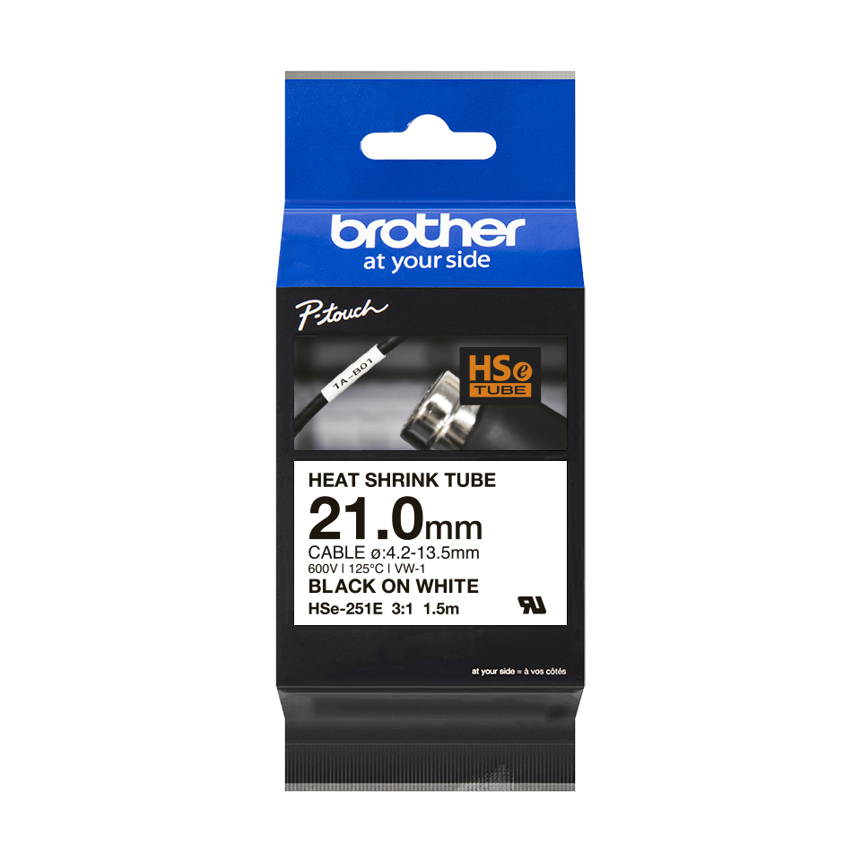 Brother HSe-251E 21.0mm x 1.5m Black on White Heat Shrink Tape Brother — view 2