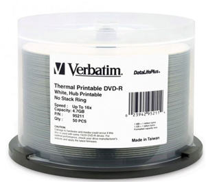 Verbatim DVD-R 4.7GB 16x Wht Wide Thermal Printable 50 Pack on Spindle thumbnail 2